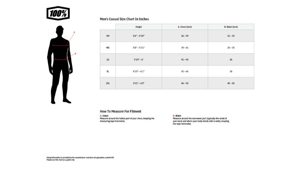 Product sizing chart