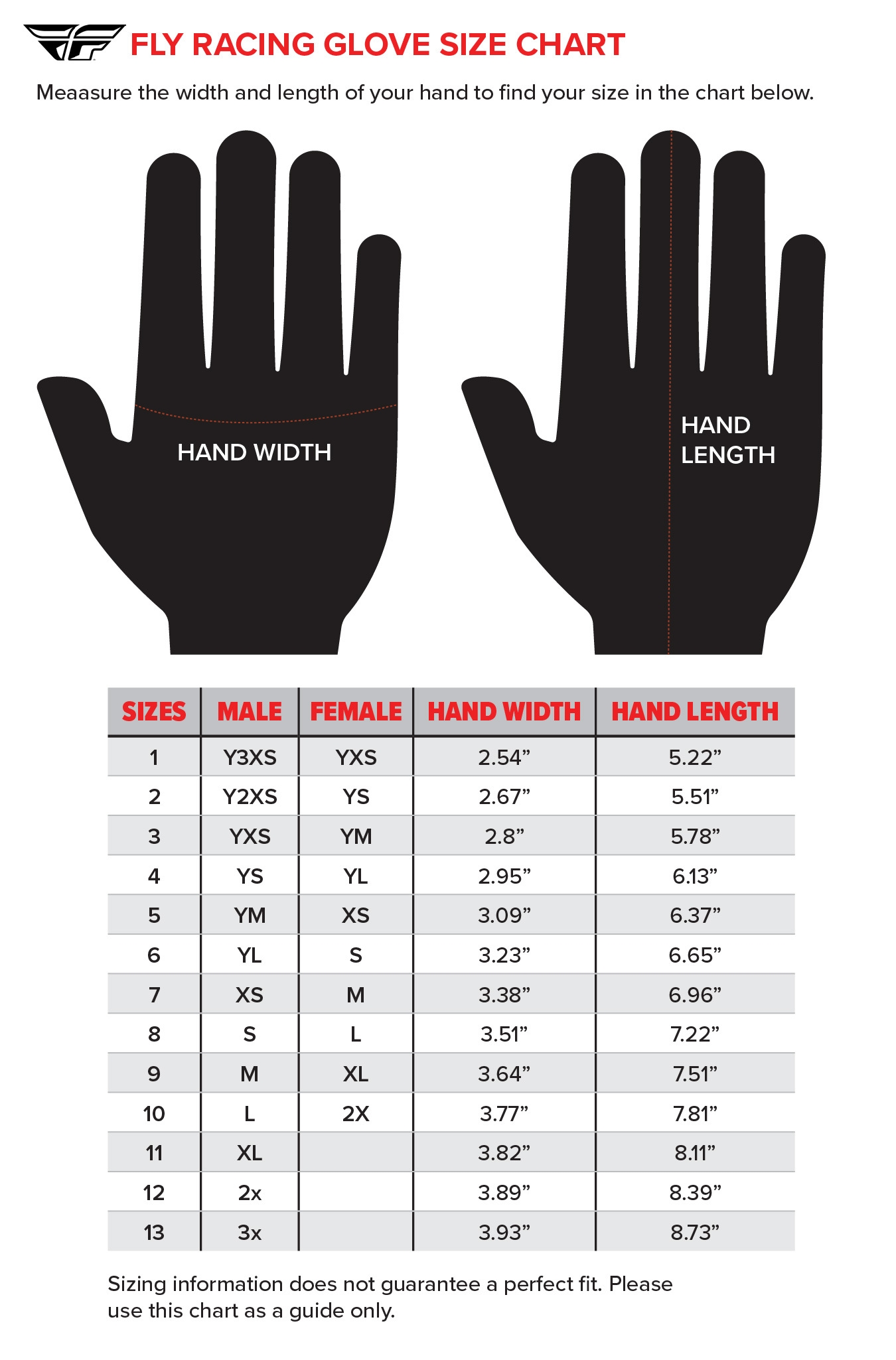 Product sizing chart