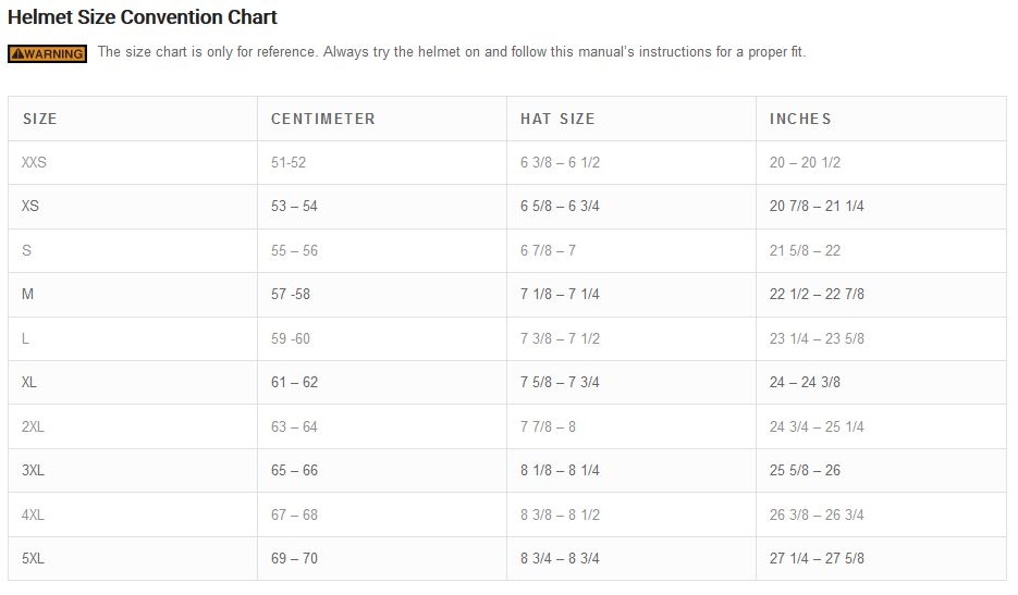 Product sizing chart