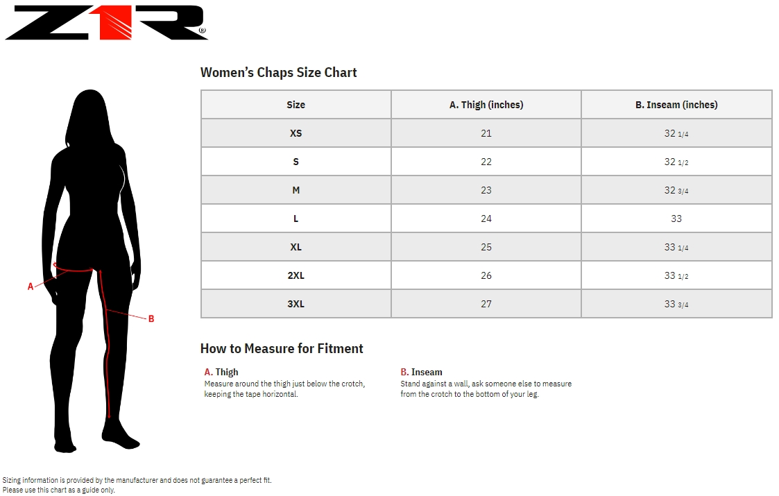 Product sizing chart