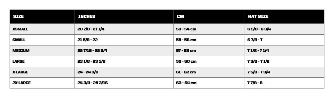Product sizing chart