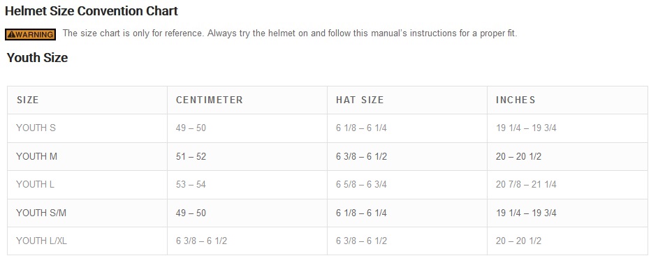 Product sizing chart