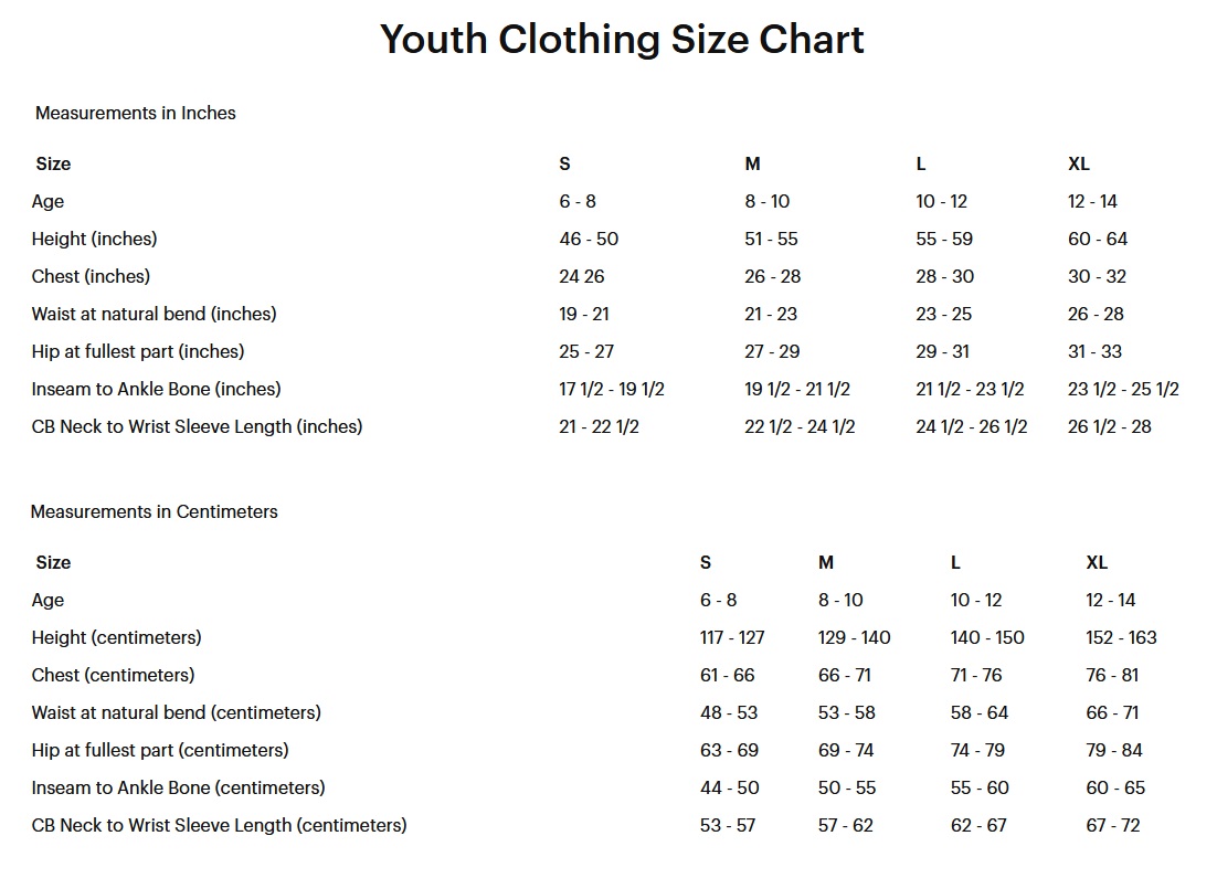 Product sizing chart