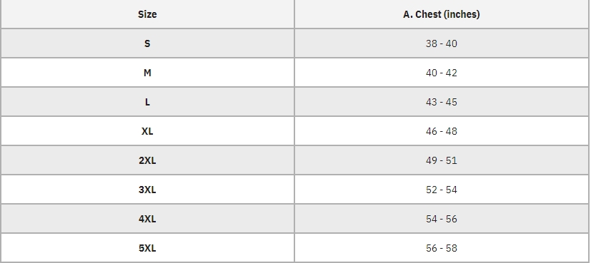 Product sizing chart