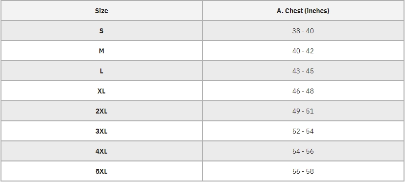 Product sizing chart