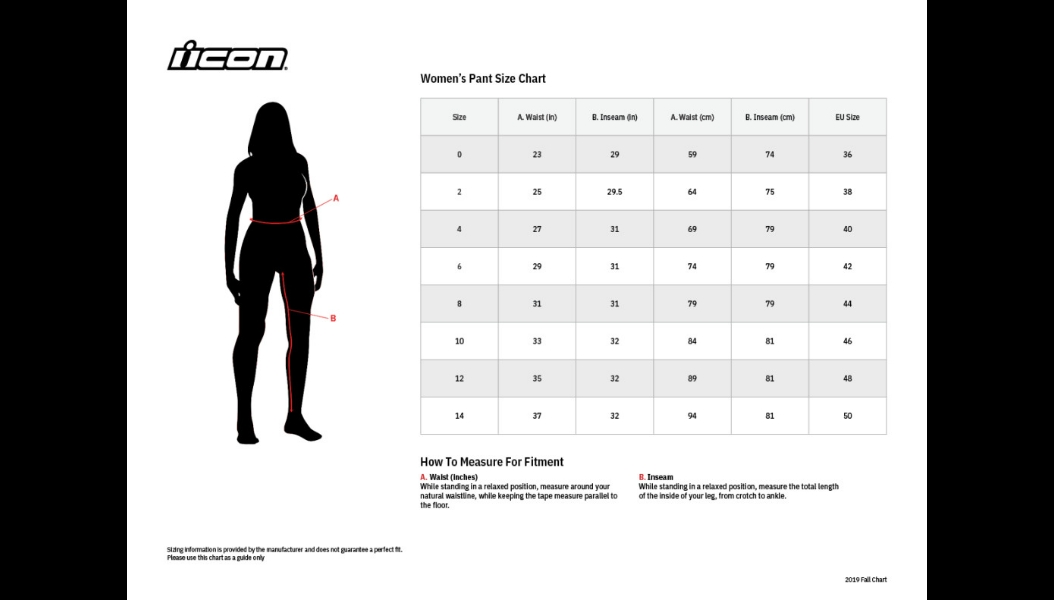 Product sizing chart