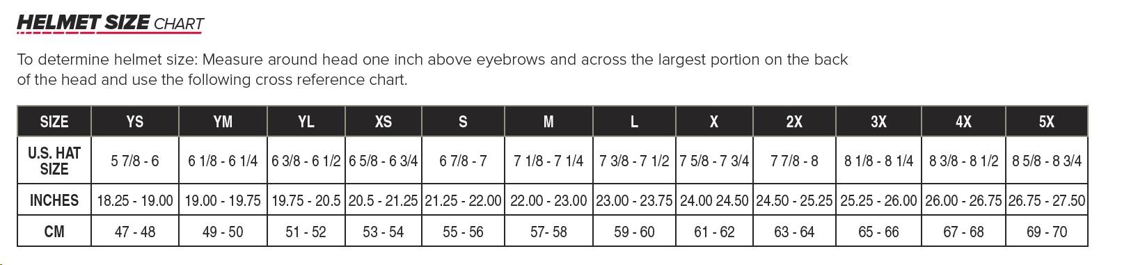 Product sizing chart