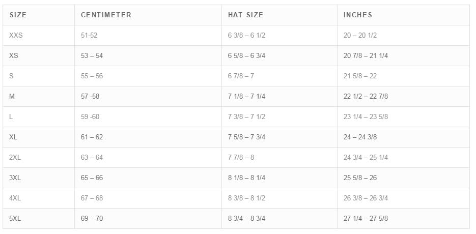 Product sizing chart